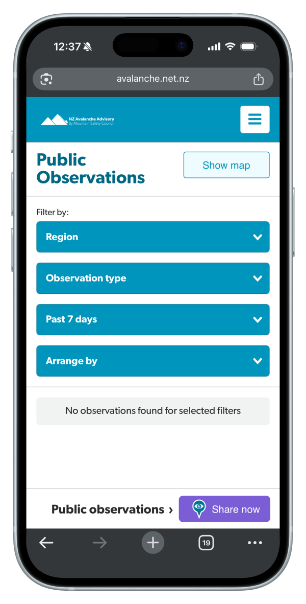 Landing page of public observations